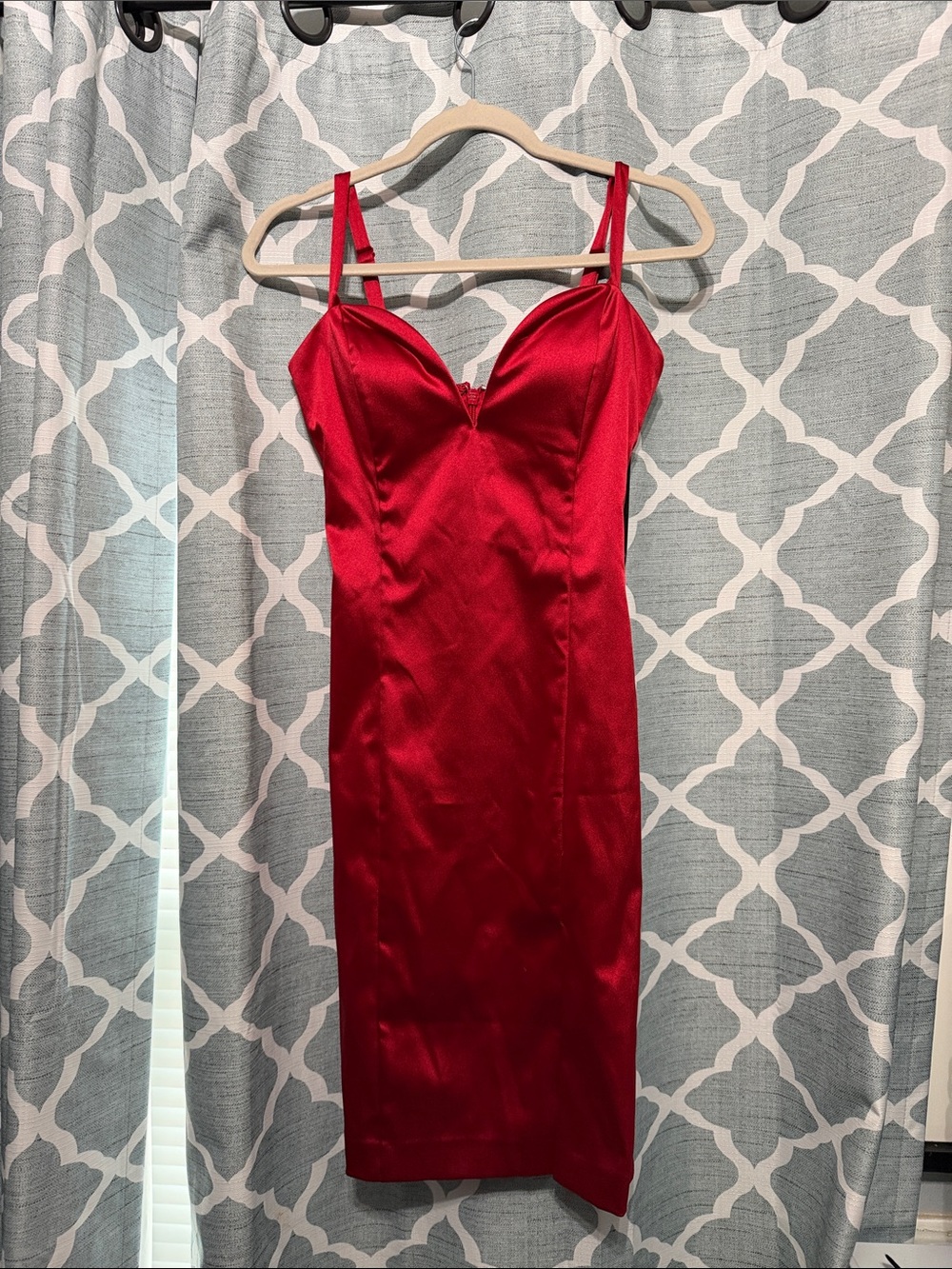 bebe Red Satin Midi Slip Dress with Spaghetti Straps